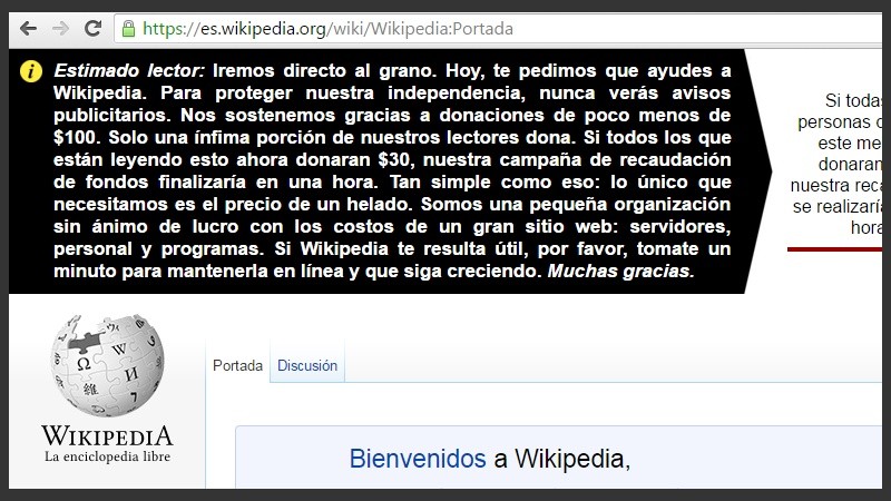 El mensaje de Wikipedia para proteger su independencia. 