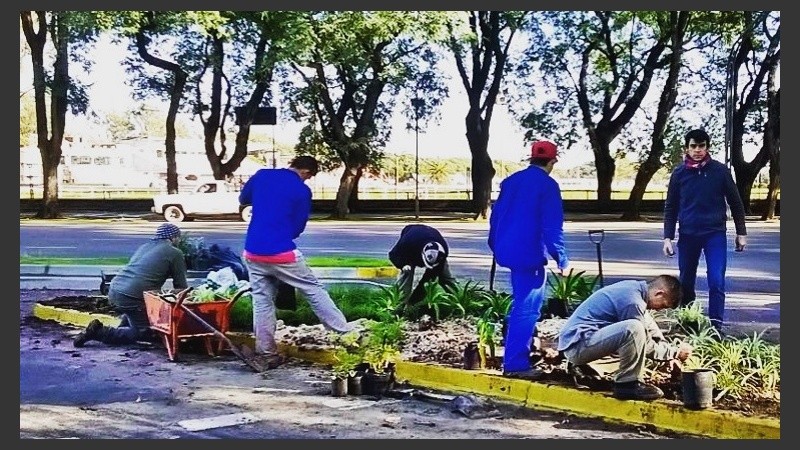 Varios agentes municipales trabajan en los espacios verdes.