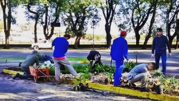 Varios agentes municipales trabajan en los espacios verdes.