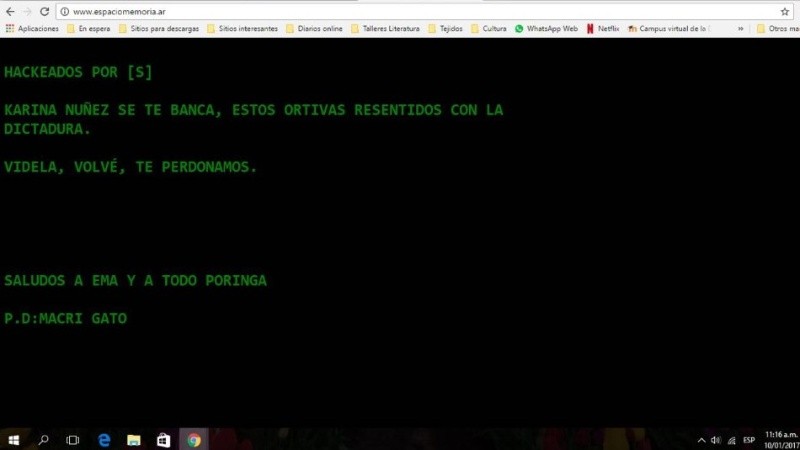 El mensaje en la página Espaciomemoria.ar.