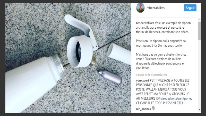 La imagen de un sifón similar al que utilizó la joven y los comentarios en Instagram, tras su muerte.