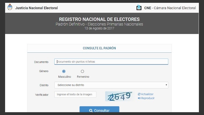 Para acceder, hay que ingresar el DNI, género, distrito y un código.