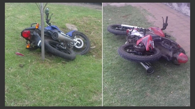 Las motos tendidas en Rouillón y Viamonte y el patrullero.