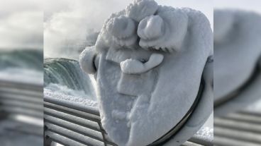 La imagen muestra el hielo formado sobre los binoculares de las congeladas Cataratas del Niágara.