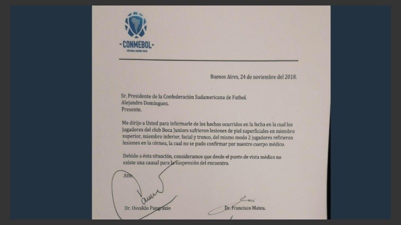 La comunicación oficial del médico de Conmebol.