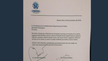 La comunicación oficial del médico de Conmebol.