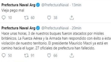 Los tuits que se filtraron en la cuenta oficial de Prefectura Naval.