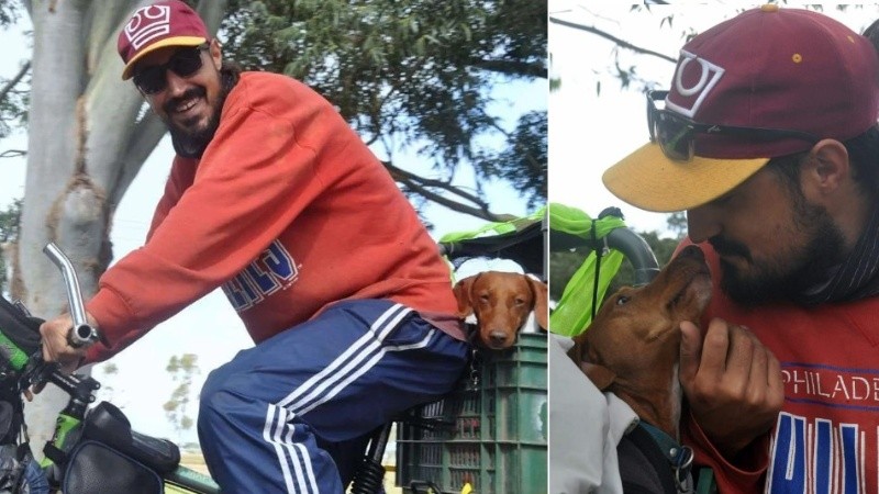 Nicolás llevaba de viaje a su perro salchicha en bicicleta.