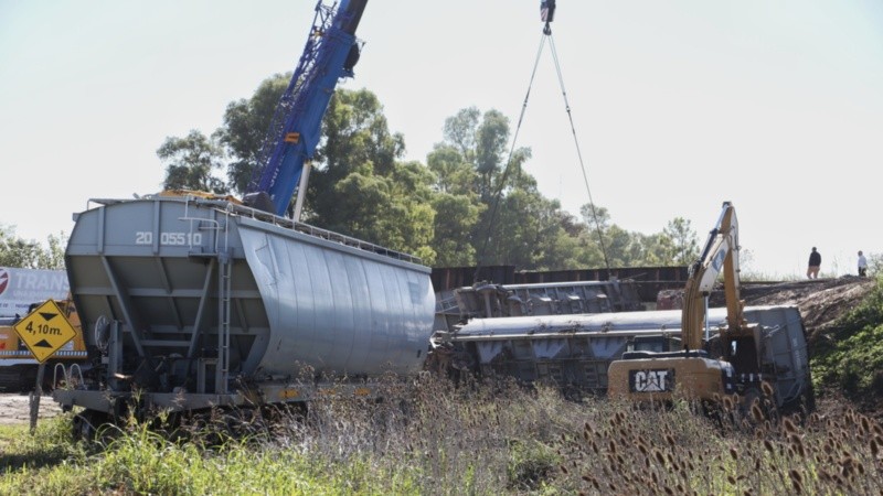 Personal de Trenes Argentinos trabaja con grúas para retirar los vagones.