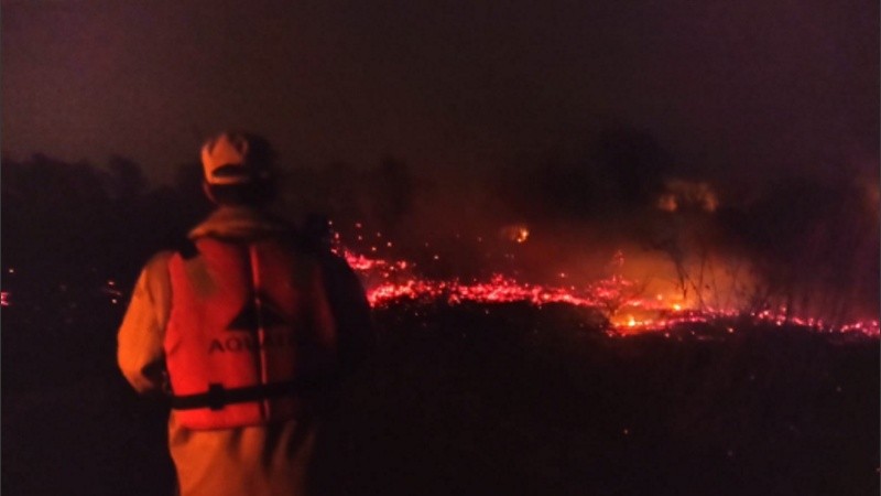 Agentes tratan de combatir el fuego desde tierra.