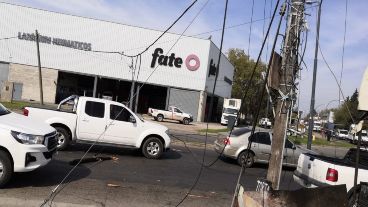 Así quedaron los cables desprendidos tras el paso del camión, que se dio a la fuga.