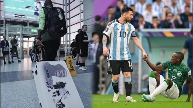 La foto del defensor de Arabia Saudita con la valija y la imagen original con Messi.