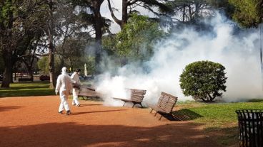 Este miércoles hubo fumigaciones en los parques Independencia, Sur, Héroes de Malvinas y en la plaza Alberdi.