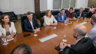 Los intendentes y la secretaria de Movilidad de Rosario en la reunión con funcionarios nacionales.