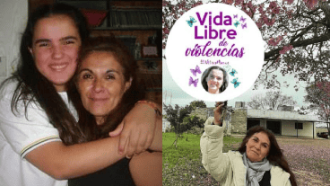 Verónica con Chiara al salir del colegio poco antes de su femicidio / Con el cartel de su activismo contra las violencias y la foto de su hija.