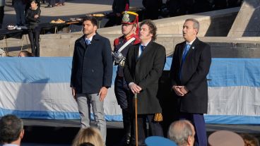 Milei junto al gobernador Pullaro y el intendente Javkin, el pasado 20 de junio en Rosario