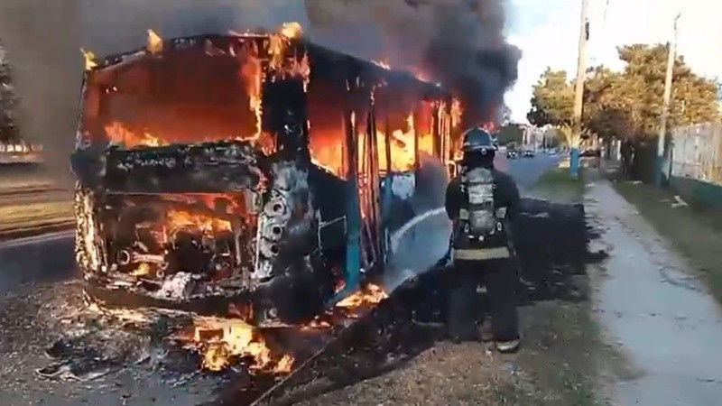 Los bomberos en el incendio del colectivo este domingo a la mañana.