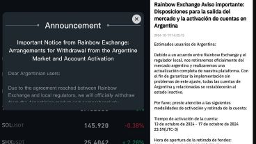 Rainbow Exchange anunció su retiro de la Argentina y le exige a sus inversores un depósito de criptodólares para hacer retiros.