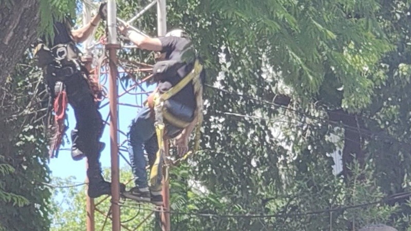 El hombre escaló unos 30 metros y se apostó en el lugar con un doble arnés de seguridad.